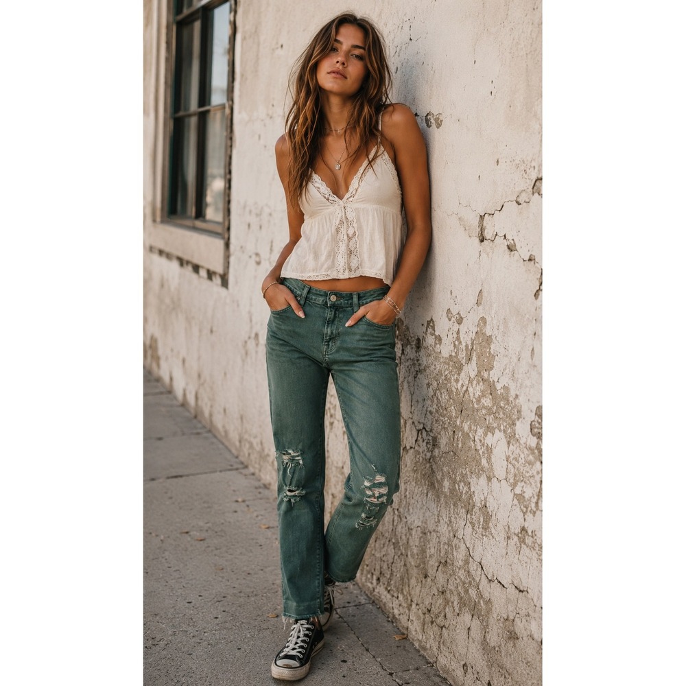 J Brand Indie Sleeze Ciggarette Jeans Green Denim Stetch Raw Hem Crop Size 25
